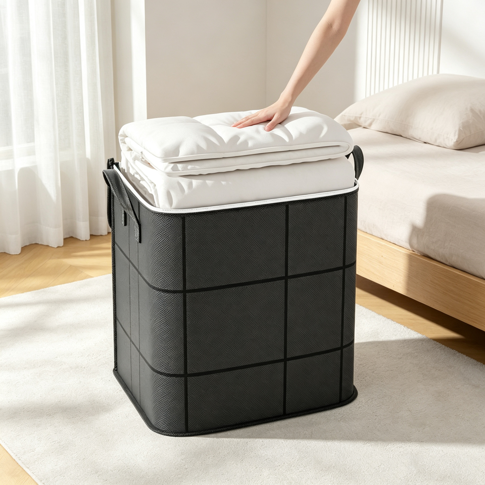 Foldable Woven Bag with Large Capacity Moving Packing Bags Quilt Storage Bag for Clothing Cotton Clothes Organizing Bag Black