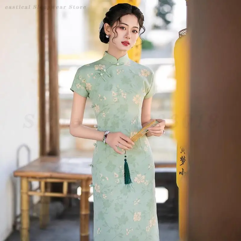 

Artistic Style Girls' Cheongsam Traditional Chinese Qipao Summer New Short Sleeve Dress Exquisite Print Sexy Slim Split Vestidos