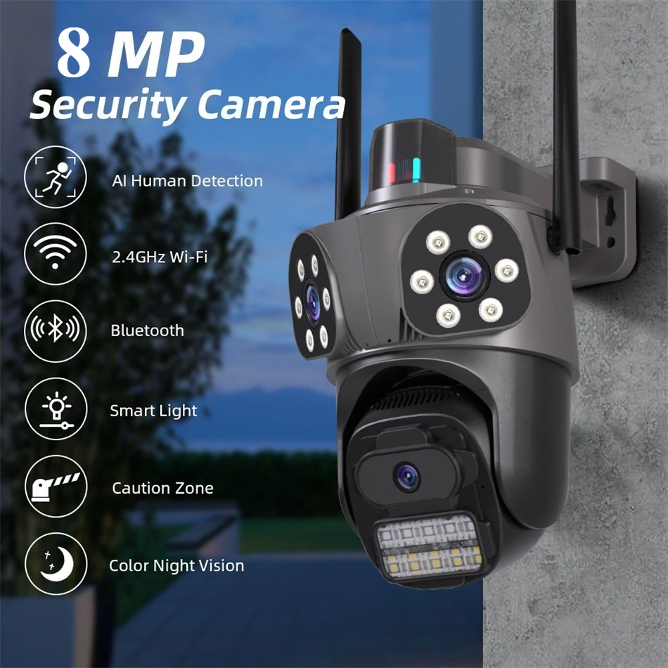 3-lens 8MP3 screen PTZ 360-degree smart wifi HD camera, day and night full color security protection Video IP Camera