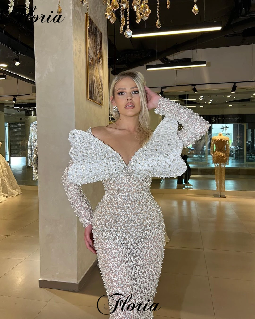 Special White Mermaid Celebrity Dresses For Women Designed Long Sleeves Evening Dresses Vestidos Para Mujer Engagement Dresses