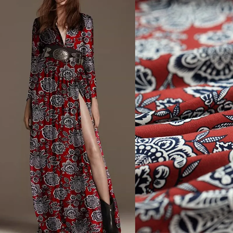 

135CM Wide 14MM Thin Silk Crepe de Chine Fabric with Floral Printed on Red for DIY Sewing Summer Dress Pants Pajamas R1857