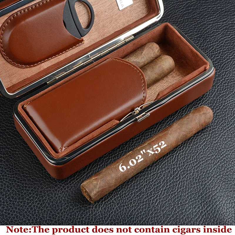 Brown Cigar Case Cedar Wood Lined Cigar Holder Man-made leather Box C Logo Mini Humidor With Cutter - Personalized Gift for M