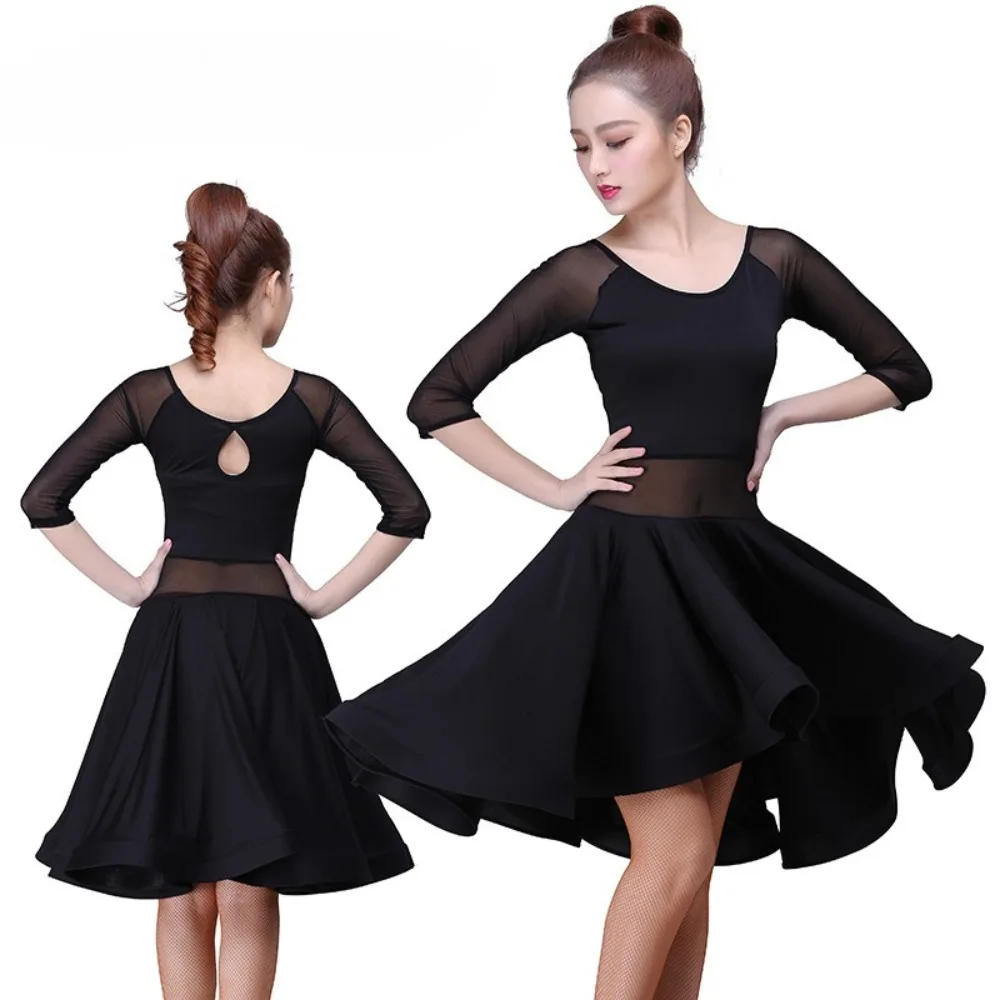 

Women's Sexy Latin Dance Competition Dress - Mesh Patchwork Elegant Flowy Skirt Performance Outfit for Adults