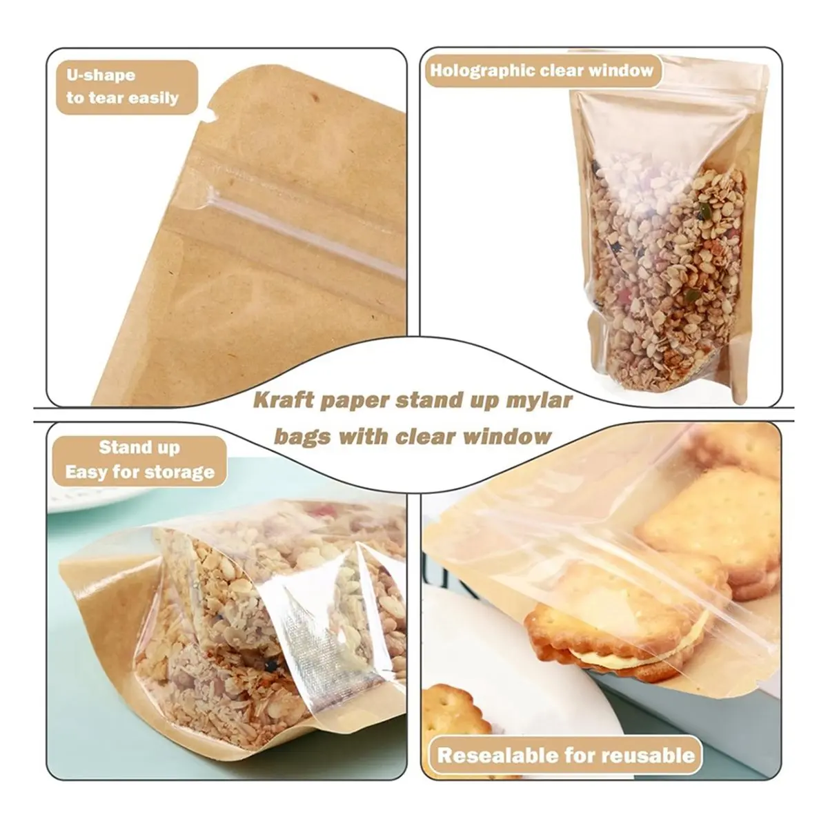 150 Pcs 3 Size Resealable Stand Up Paper Bags with Clear Fornt Pouches, Food Storage