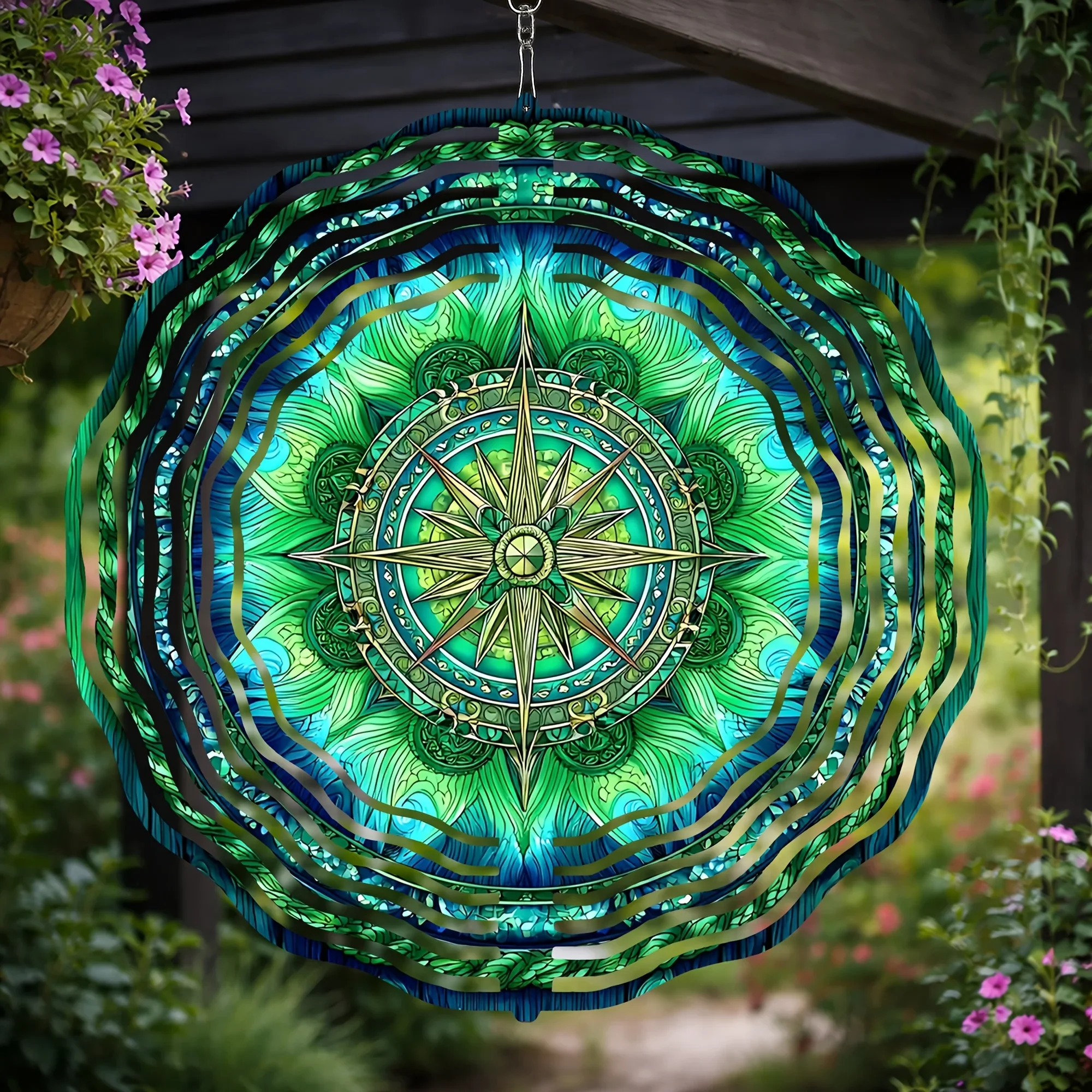 Enchanted Mandala Wind Chime with Compass Rose, Turquoise Metal Garden Art for Outdoor Patio, Meditation Decor Unique Gift