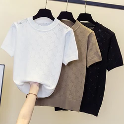 High Quality Summer women sweater pullover 2023 short sleeve o neck Solid hollow out thin knitting T-shirt casual jumper top