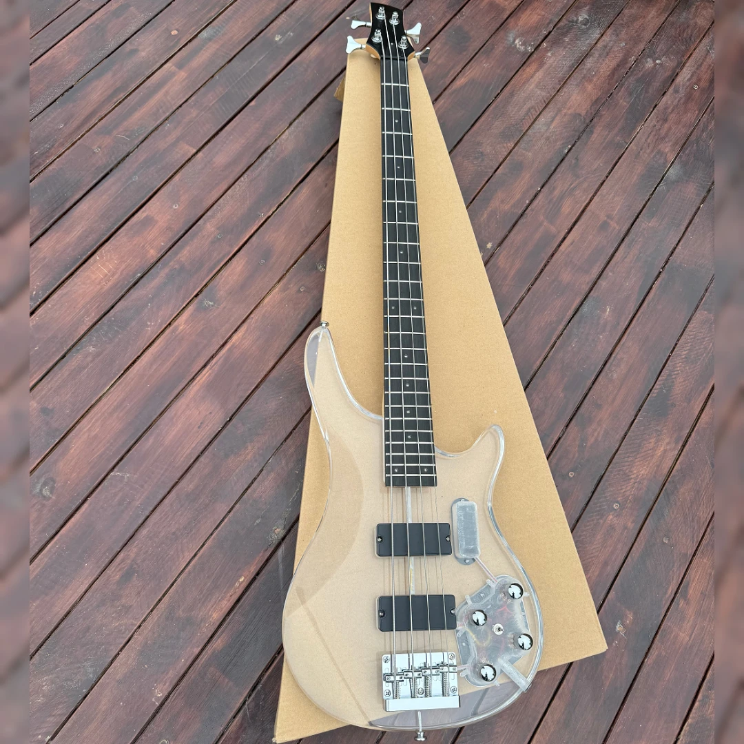 

4 String Electric Bass Guitar Blue LED Lights Clear Acrylic Crystal Body Maple Neck Rosewood Fingerboard in Stock