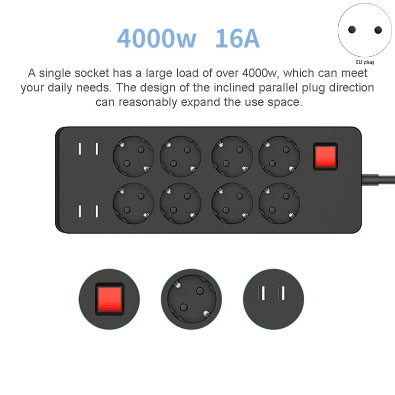 Power Strip Electrical Socket 4 USB Charger Adapter 8 Outlet Surge Protection Switch Home Outlet EU Plug