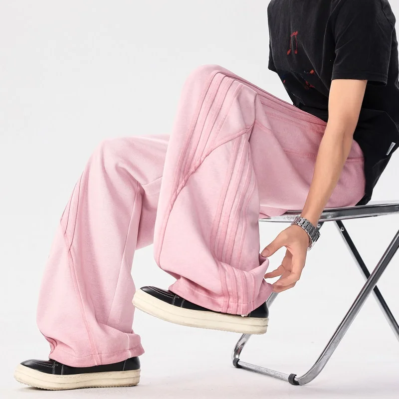 

American Retro Washed Gradient Pink Sports Pants Loose Wide Leg Casual Trousers for Men And Women High Street Style Side Stripe