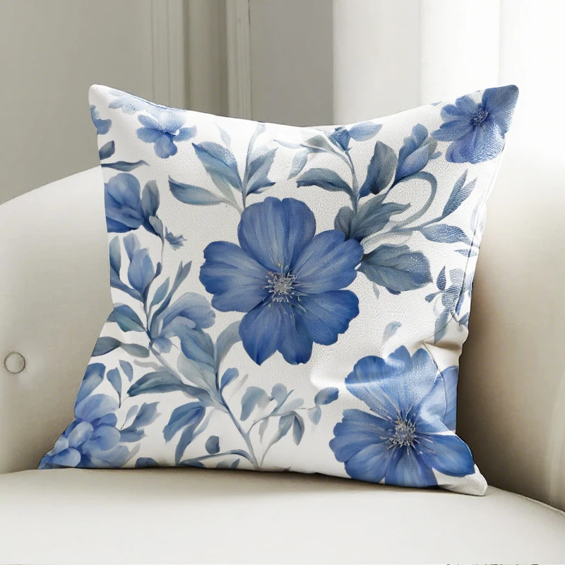 

Blue Watercolor Flower Pillow Case White Cushion Cover Soft Decor for Sofa Bedroom Elegant Throw Pillowcase