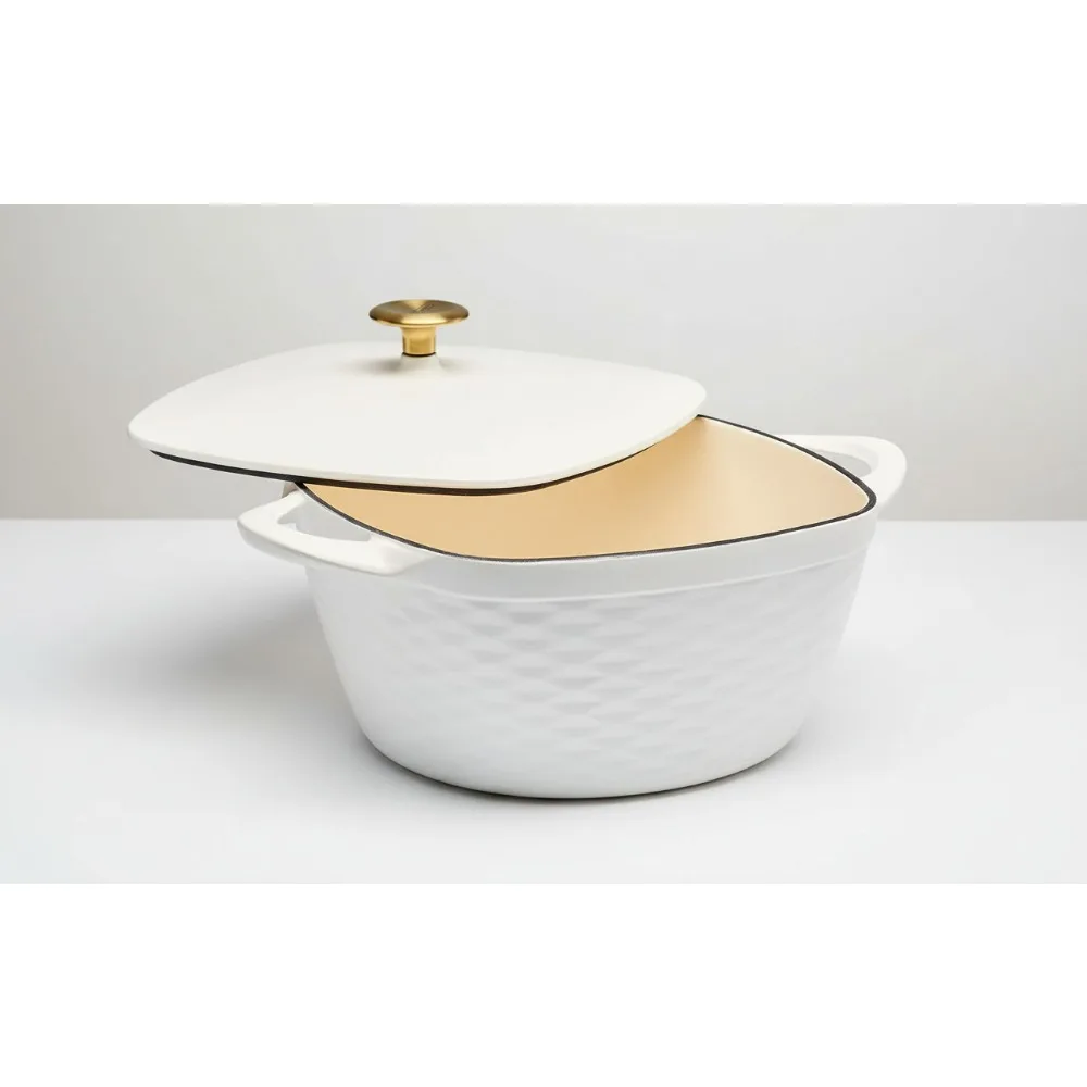 

7-квартовая эмалированная чугунная квадратная голландская духовка - белая | Медленно приготовление и выпечка | Семейная кухня Essential