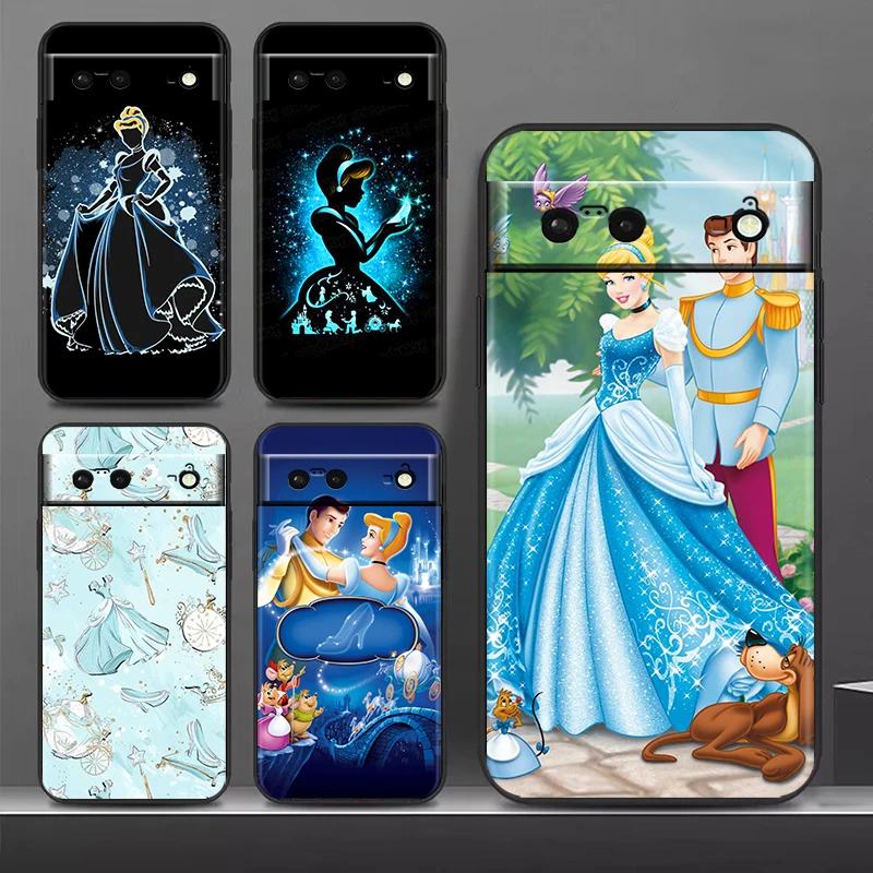 Princess Cinderella Disney Phone Case, Black Silicon Shockproof Shell, Google Pixel 8, 7A, 7, 6A, 6, 5A, 5, 4, 4A, XL, 5G