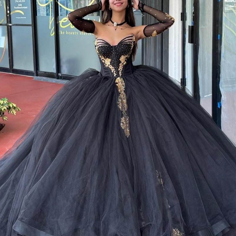 Black Quinceanera Dresses Ball Gown Off The Shoulder Applique Lace Beads Tull Party Birthday Sweet 16 Dress Vestidos De 15 Anos