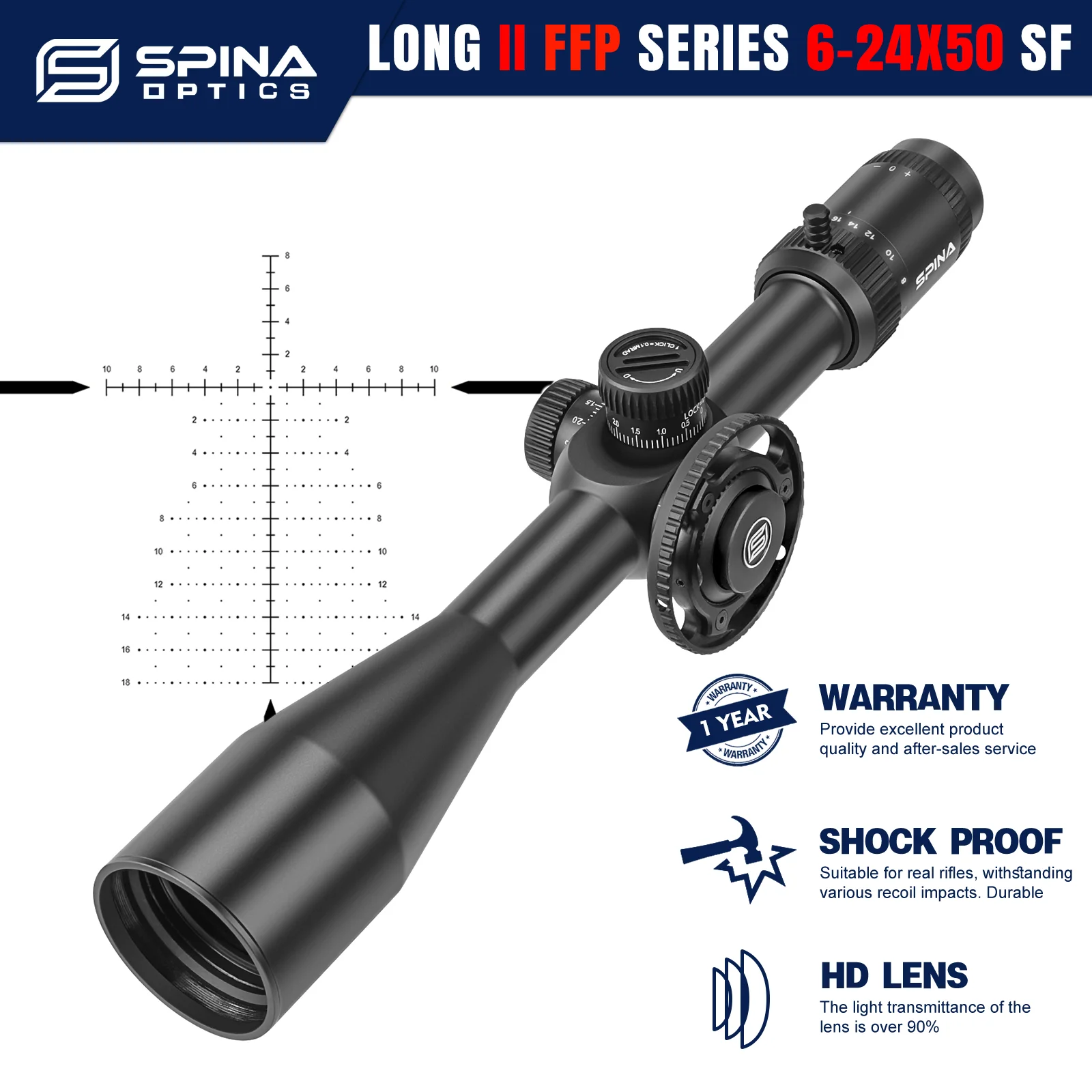 

SPINA OPTICS HD 6-24x50 FFP First Focal Plane 1/10 MIL 10yds To Infinite Side Parallax Hunting Rifle Scope Luneta Real Firearms