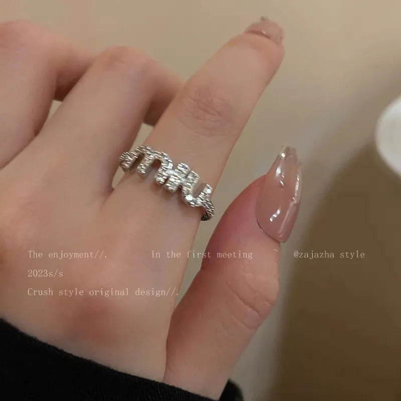 Elegant Luxury Letter Inlaid Zircon Ring Women Fashion Open C Shape Finger Rings Adjustable Couple Rings Jewelry Accessories