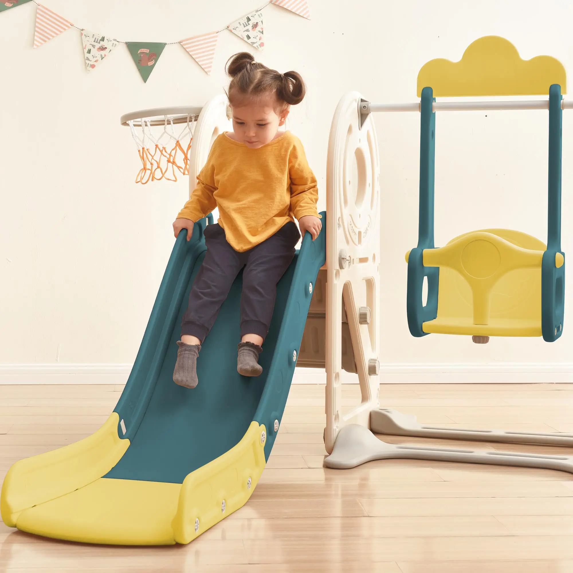 Swing-N-Slide avec structure de jeu pour enfants, jouet de bus autoportant avec toboggan et balançoire pour les tout-petits, ensemble de toboggans de bus avec basket-ball Ho