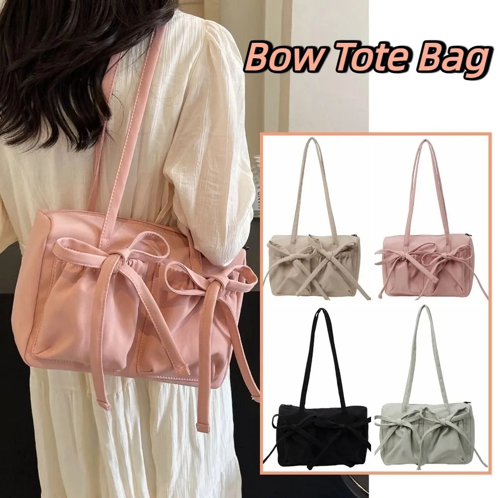 

Leisure Bowknot Bow Nylon Tote Bag Korean Style Canvas Pleated Shoulder Bag Large Capacity Handbag Underarm Bag Girls