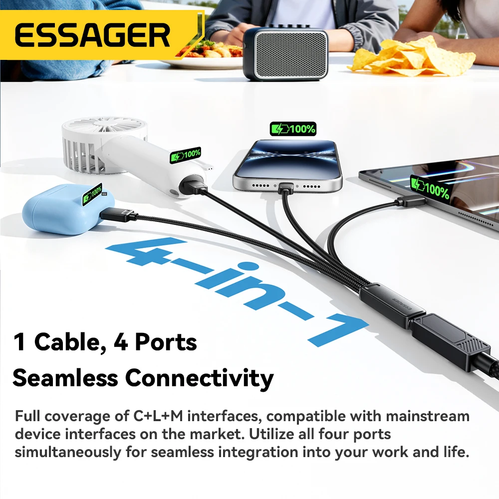 Essager 4-In-1 Type C Cable Micro Lighting Cable For iphone 17 16 15 14 Samsung Huawei Xiaomi Multi Port Multiple Charging Wire
