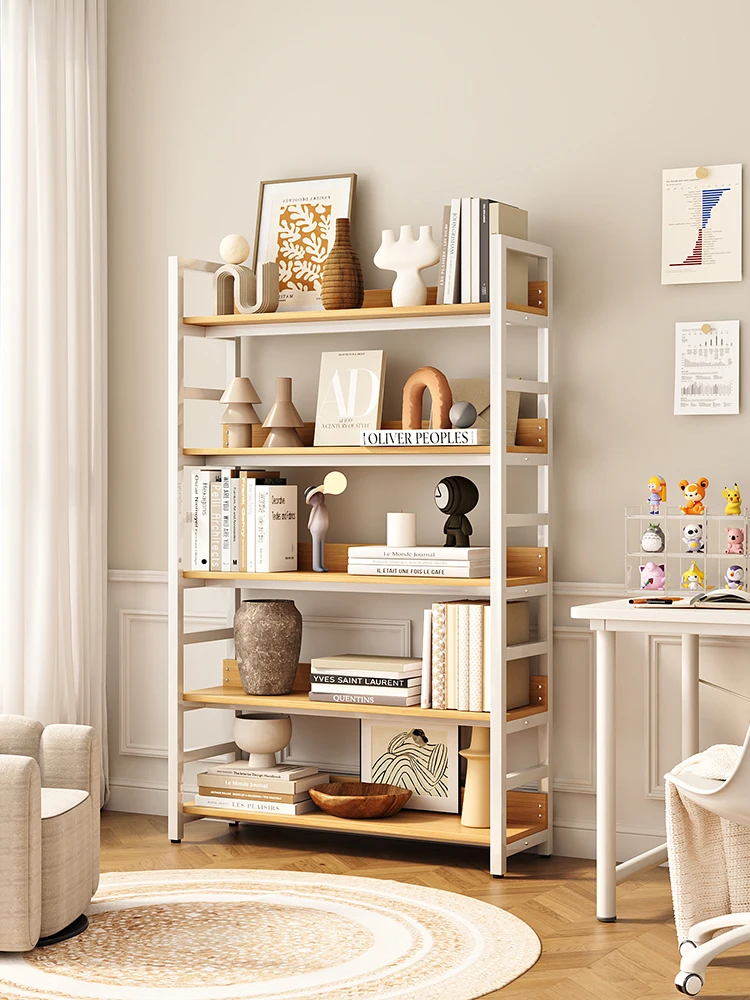 

Bookshelf Floor-to-ceiling storage rack Simple living room Steel wood shelf Children's storage Bookcase Wrought iron multi-layer