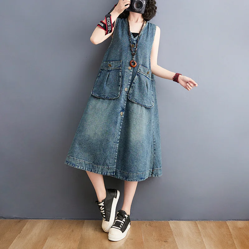 Hot Women Loose Denim Dress Ladies Big Pocket Retro Sleeveless Denim Dress Female Korean Summer Women\'S Clothing Vest Dresses