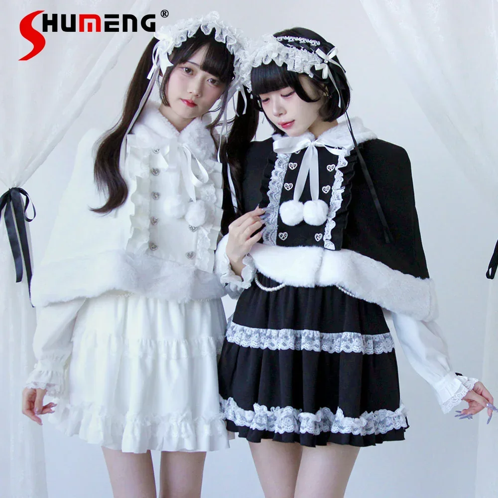 Japanese style Sweet Cute Lolita Plush Capes Lace Splicing Bow Love Buckle Double Breasted Kawaii Short Cloaks Jacket Winter