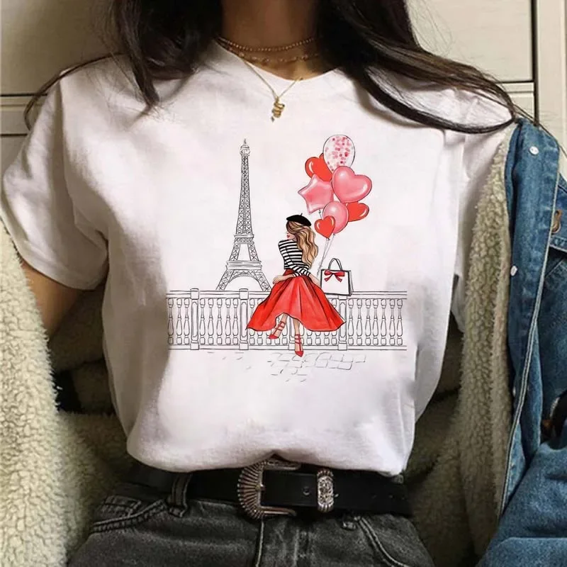 Camiseta estampada com balão vermelho feminino, camiseta com decote em O, manga curta, casual, fofa, moda feminina, nova