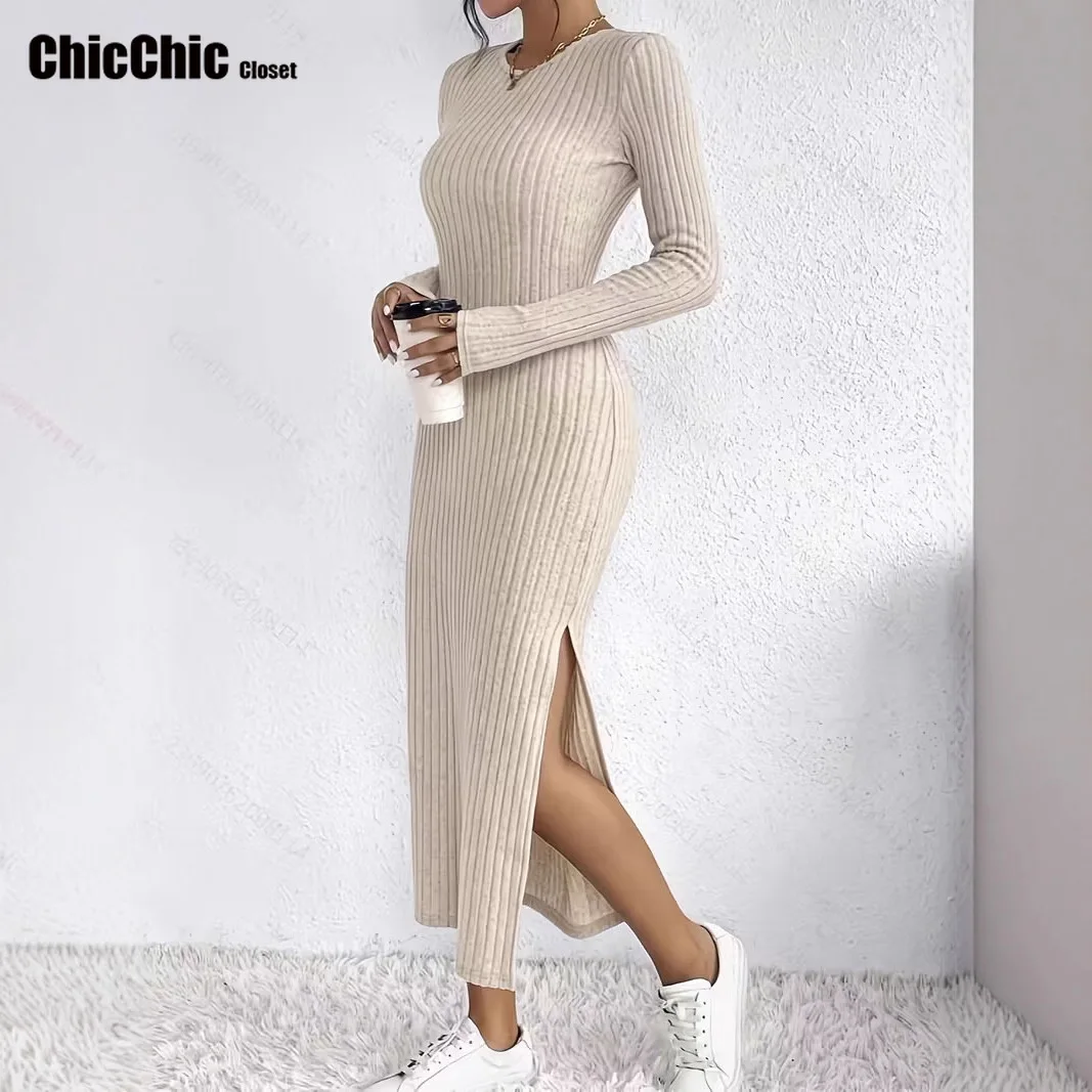 Weiblicher Pullover, Oberschenkel, gerippt, figurbetontes Kleid, lässig, langärmelig, O-Ausschnitt, Kleid für Herbst und Winter, Damenbekleidung, 2025, Neu