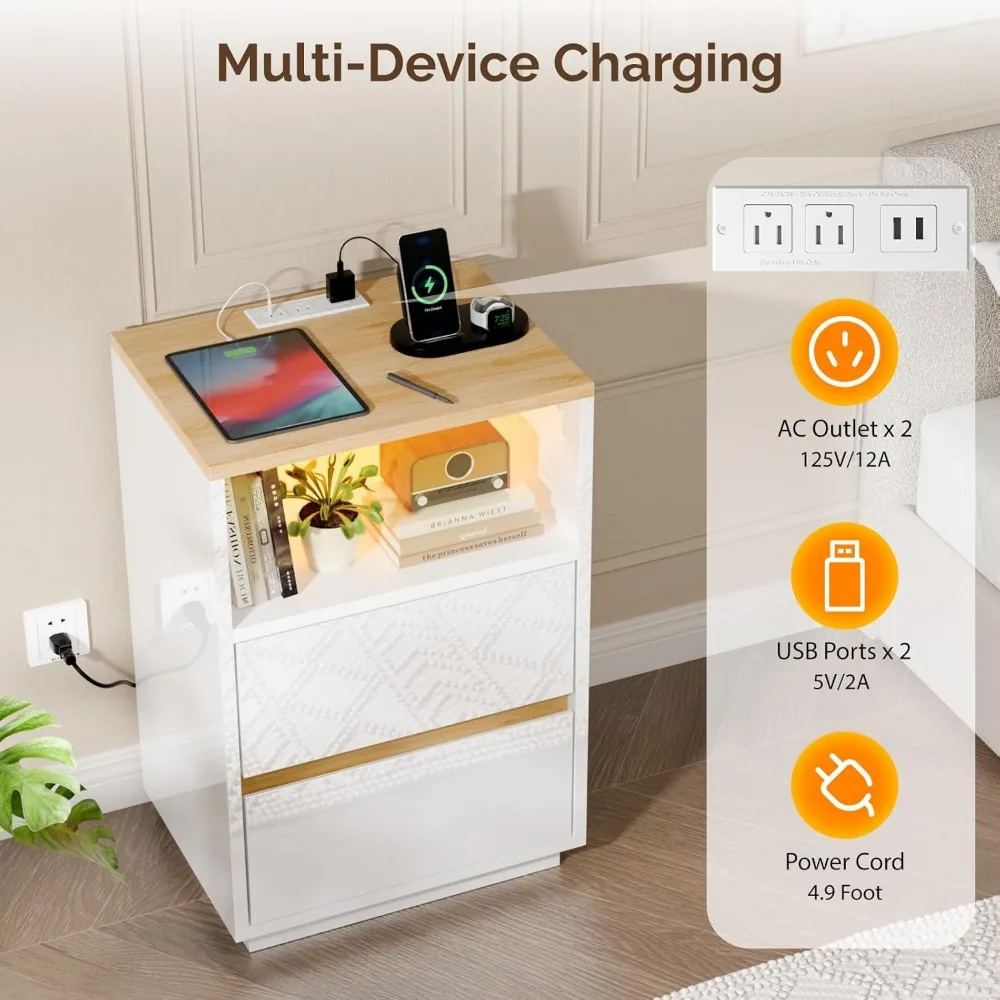 "منضدة LED لامعة مع منفذ شحن وأدراج للاستخدام بجانب السرير" #4