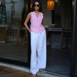 DGLUKE White Linen Pants For Women Fashion Solid Wide Pants Woman High Waist Casual Trousers Spring Autumn