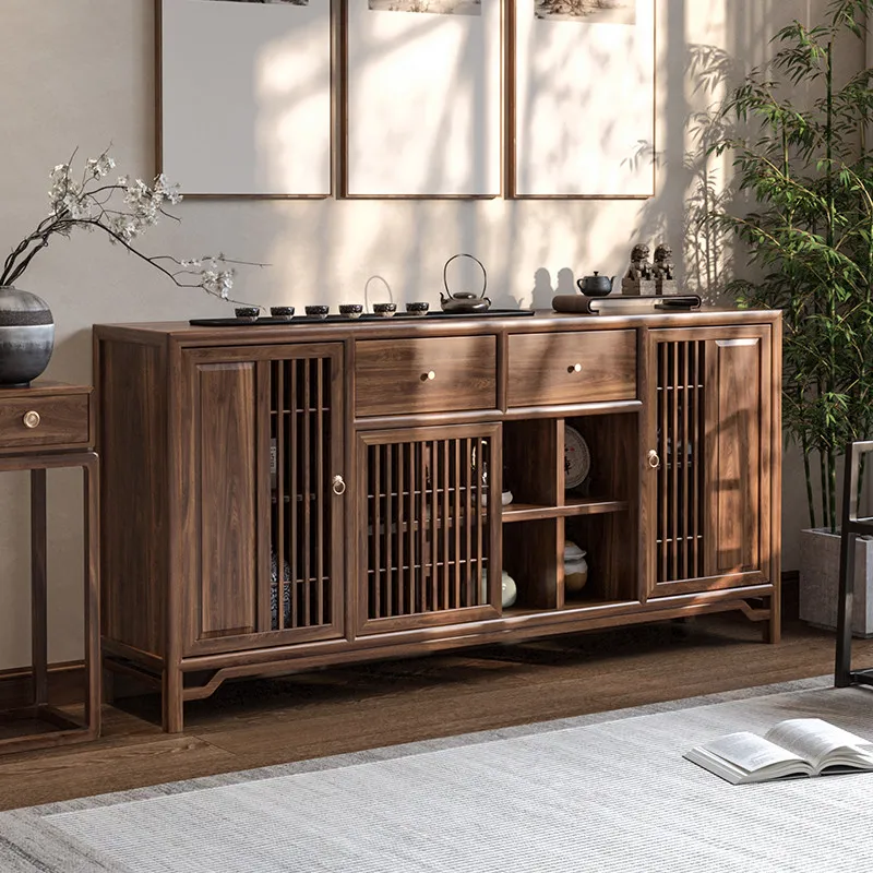 

New Chinese walnut color solid wood dining side cabinet modern simple living room tea cabinet side cabinet household storage sto