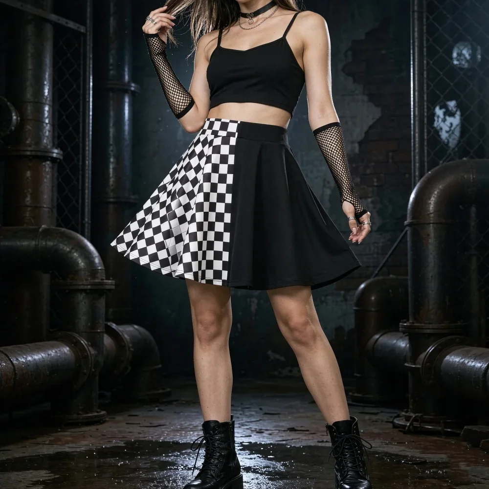 Y2K Punk Plaid Patchwork Pleated Skirt Women High Waist A Line Vintage Skirt Female Streetwear Alt Aesthetic Casual Party Bottom