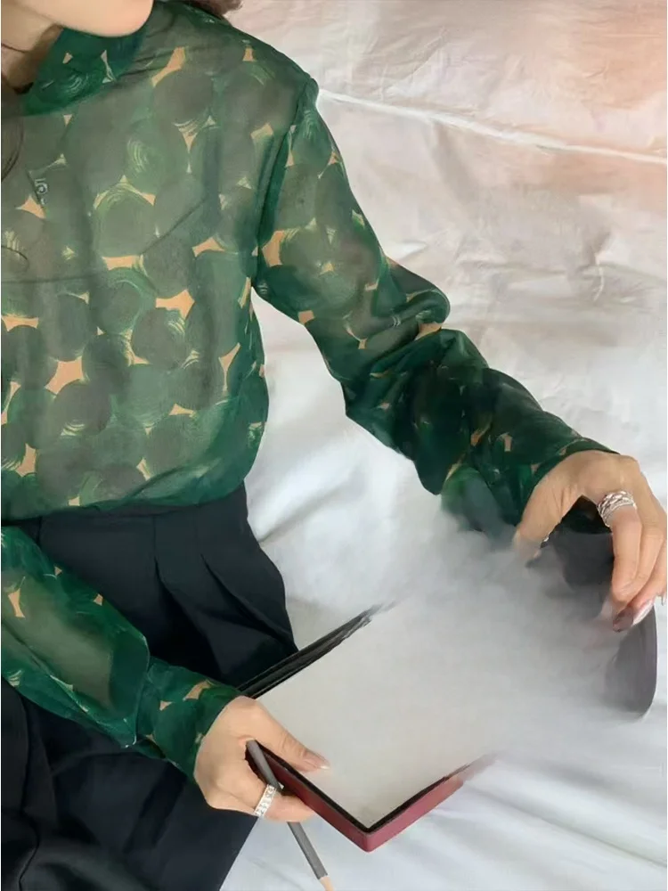 

Женская блузка Miracle Loose Fit из шелка с длинным рукавом, воротником-стойкой, универсальная, с цветочным принтом, создающая ощущение высокого класса