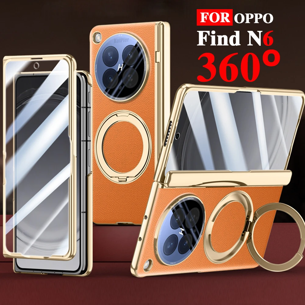 

Leather Case For OPPO Find N6 5G 2026 Stand Strong Magnetic Skin-friendly Feel Glass Screen Protective Plating Ring Holder Cover