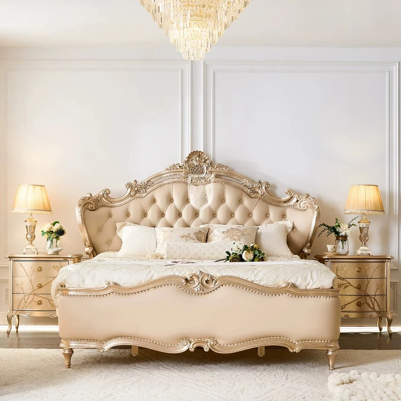 Antique European Hand Carved Wooden Platform Bed Imported Top Grain Cowhide Upholstered King Size Bed for High-End Villa