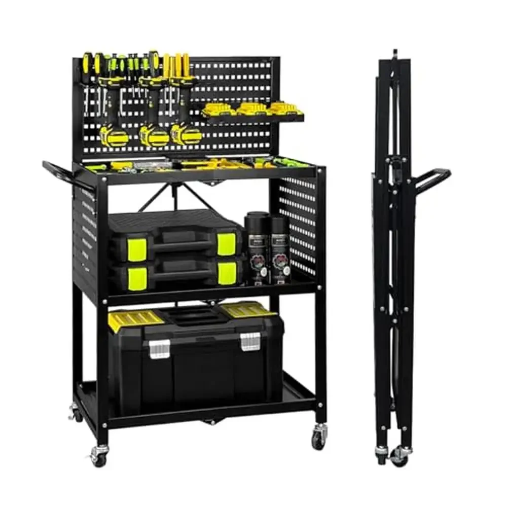 3-Tier Rolling Tool Cart Utility Cart Pegboard Garage Organizer Storage Power Tool Manage Heavy Duty Lumizone Metal Black