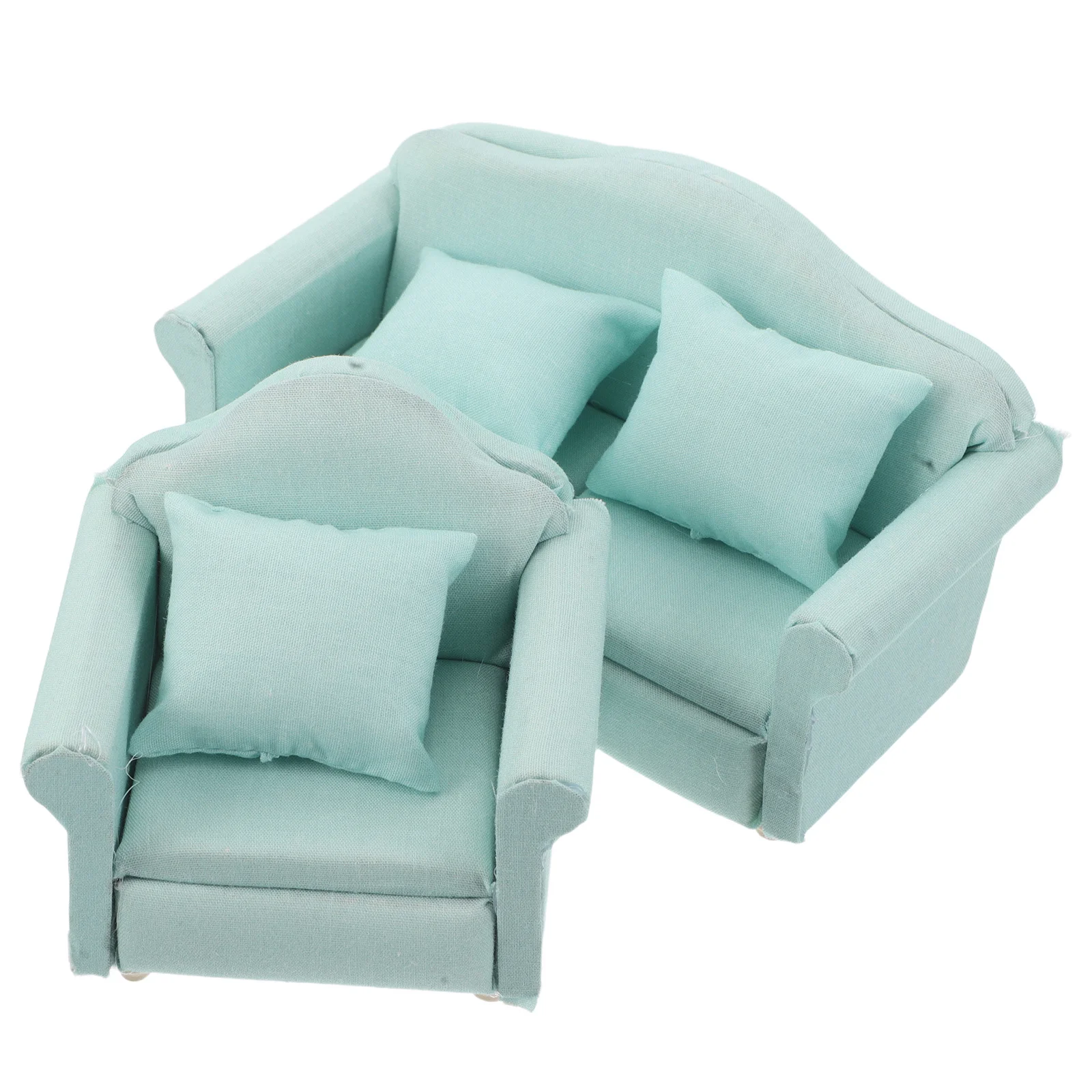 

2pcs Miniature Furniture Set Light Green Wooden Fabric Sofa Armchair For Dollhouse Living Room Decor Kids Play House Simulation
