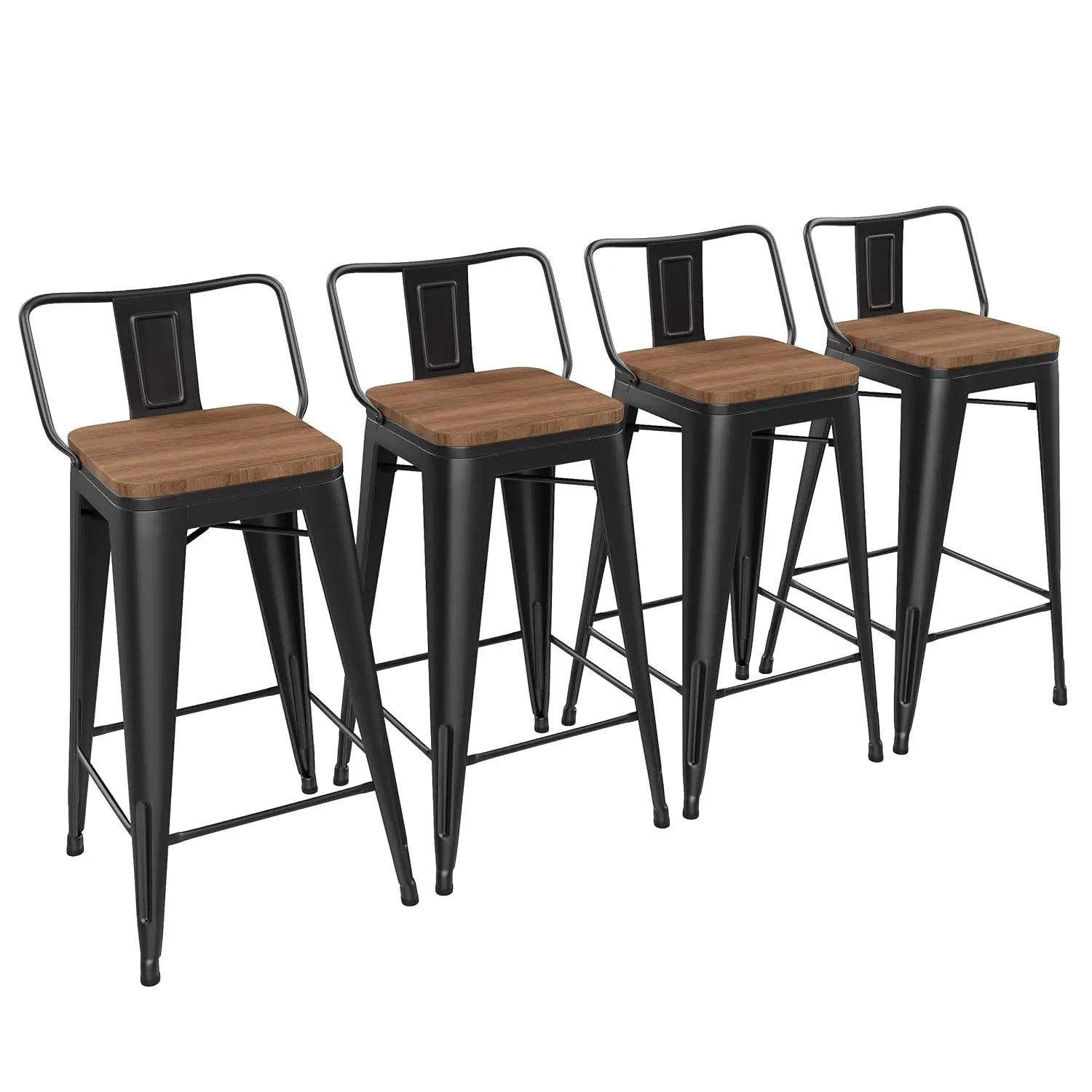 

24" Metal Barstools Set of 4 Counter Bar Stools with Wood Top Low Back Matte Black, Customized