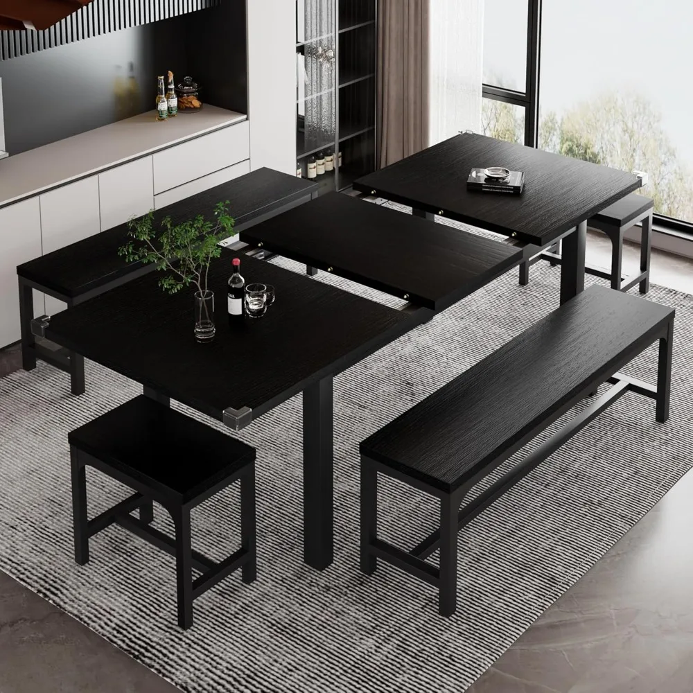 5 Piece Dining Table Set for 4-8 People, Expandable Kitchen Table Set with 2 Benches and 2 Square Stools, Black