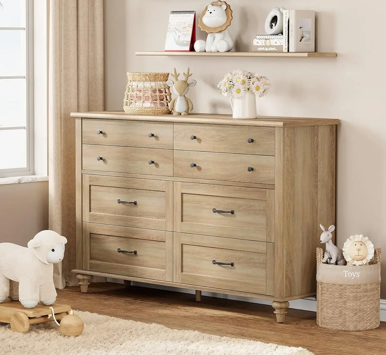 WAMPAT Baby Dresser with 8 Drawers for Kids Room, Farmhouse Kids Dresser Wooden Double for Bedroom, Wide Organiz