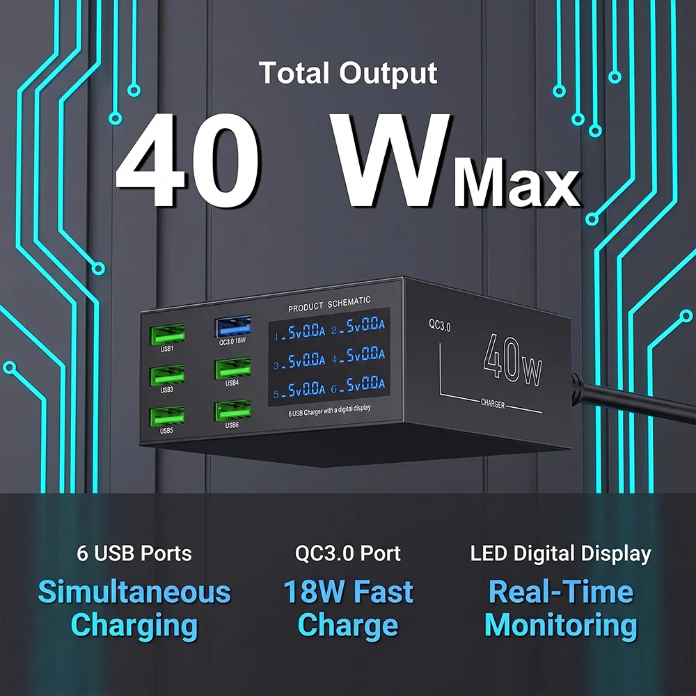 MRSVI 40W 6-Port USB-Desktop-Ladegerät, QC3.0 Schnellladung mit LED-Anzeige, Lädt 6 Geräte gleichzeitig, Überstromschutz – Detail 2