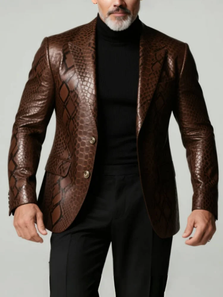 Men Notched‑Lapel Two‑Button Full Snake Texture Slim‑Fit Street Casual Blazer Jacket