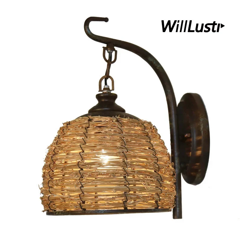 Retro Rattan Wall Lamp American Country Style Sconce Hotel Inn Bar Cafe Living Room Loft Balcony Art Deco Handmade Wicker Light
