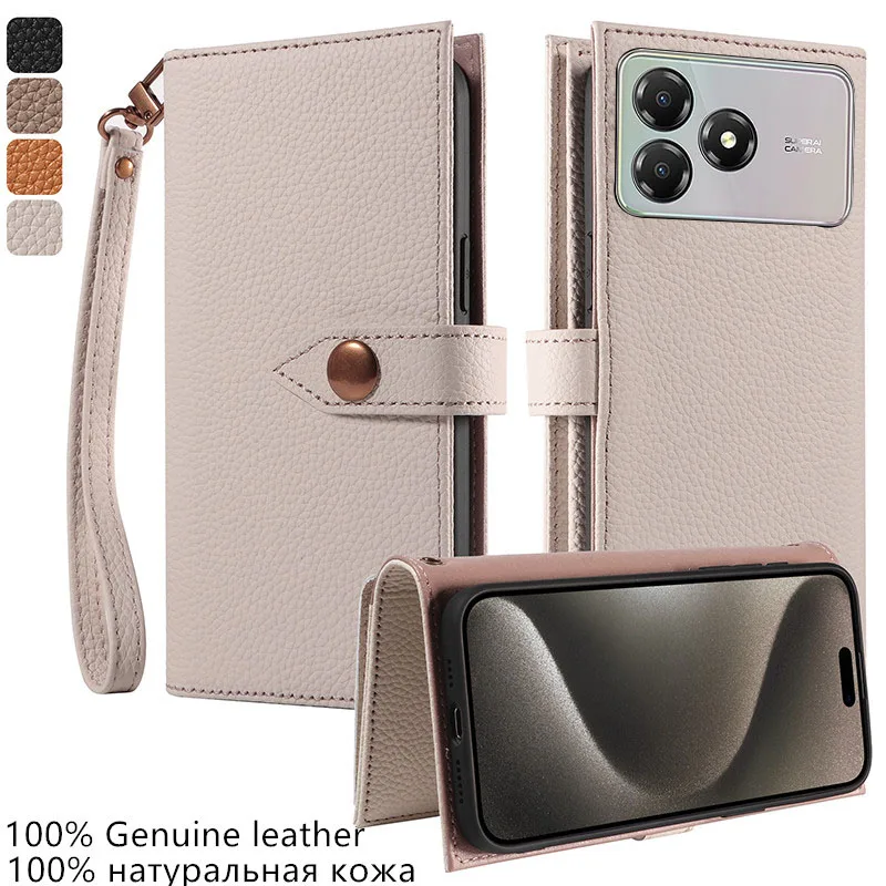 

Premium 100% Genuine leather card slot wallet Cover For ZTE Blade A36 A56 A76 4G 5G Magnetic button Fall prevention phone Case