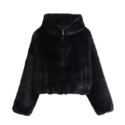 Maxdutti British Faux Coat Women Fur Hooded Jacket Fashion Retro Solid Color Zippered Jacket