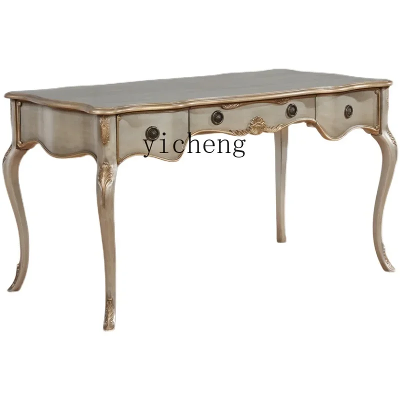 Solid Wood Desk Carved Vintage Smoky Gray New Classical Gold Writing Desk Home Desk