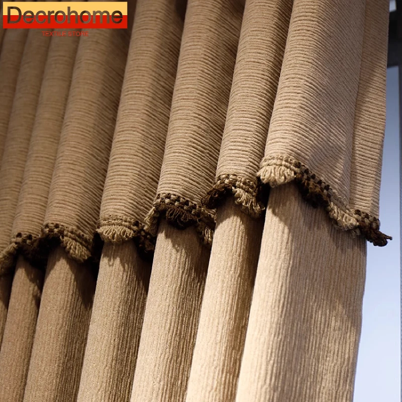 

New Dark Cream Brown Jacquard Chenille Lace Splicing Curtains for Living Room Bedroom French Window Custom Screen Tulle