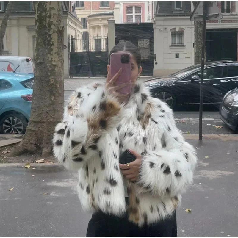 Dot Leopard Contrast Stand Collar Faux Fur Coat Women Warm Commute Long Sleeve Fluffy Plush Jacket Autumn High Street Outerwear