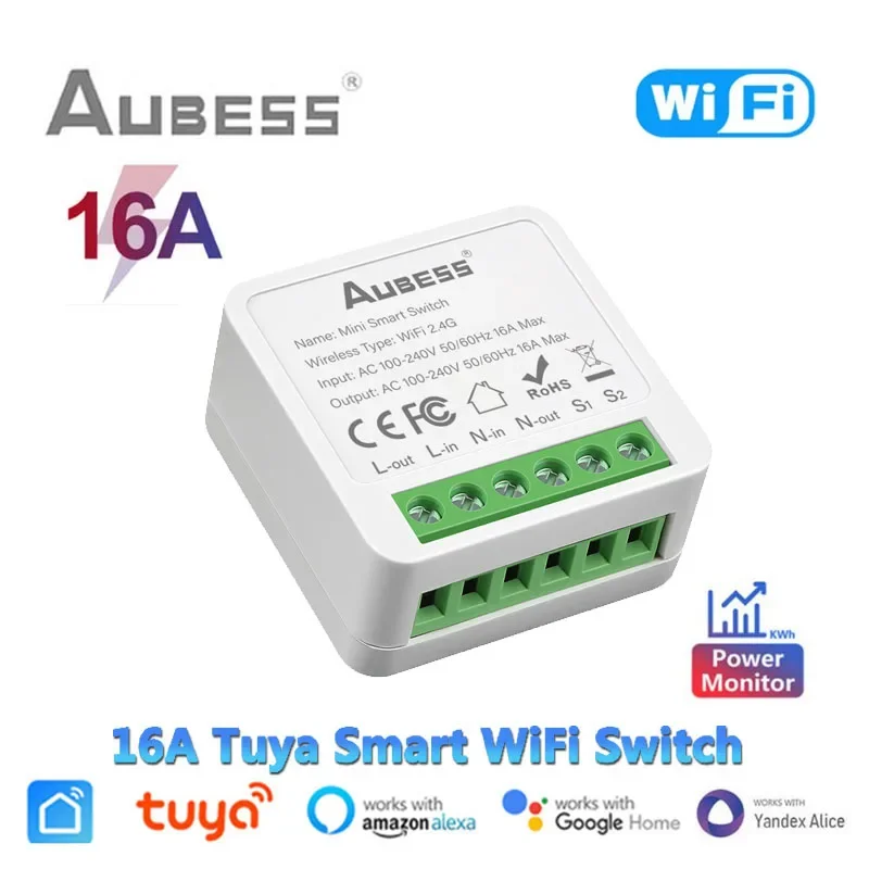 16A Tuya Smart WiFi Switch,2-way Mini Light Switch Power Metering Breaker,For Alexa,Google Home,Yandex Alice,Smart Life Control