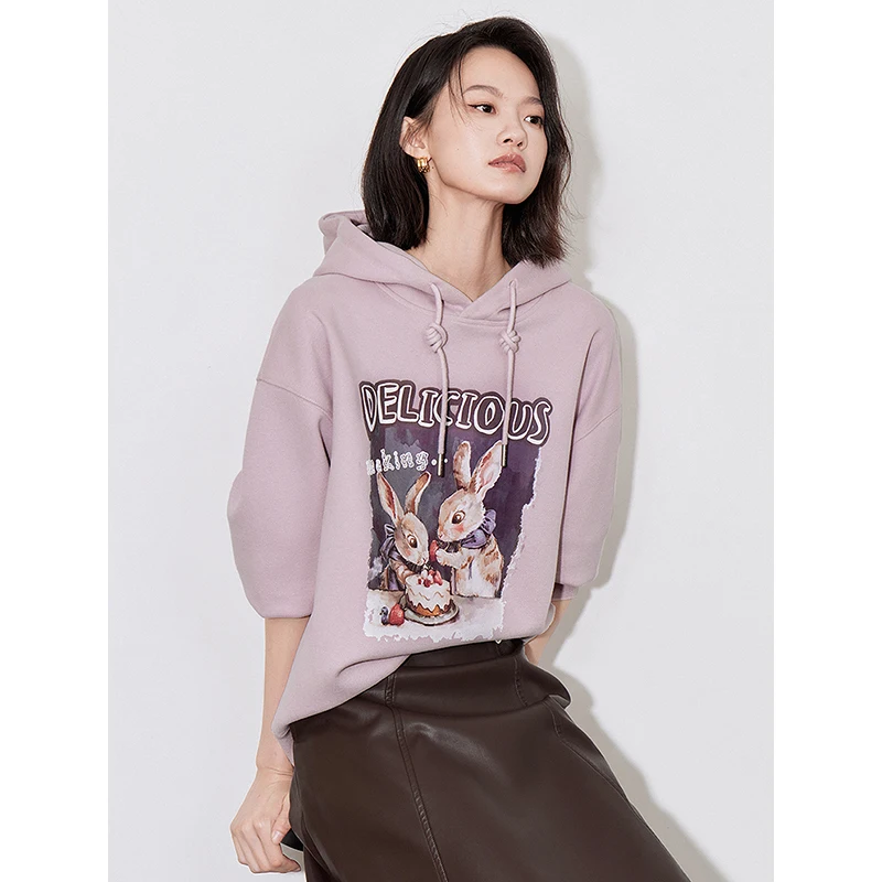 TOYOUTH Women Hoodies Sweatshirt 2024 Autumn New Rabbit Printed Hooded Drawstring Casual Pullover Tops