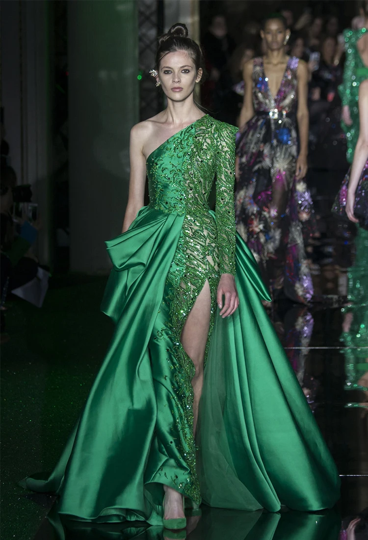 2143 Zuhair Murad Green One Long Sleeves Beaded With Satin vestidos de noche vestidos de galaevening dresses فستان العيد